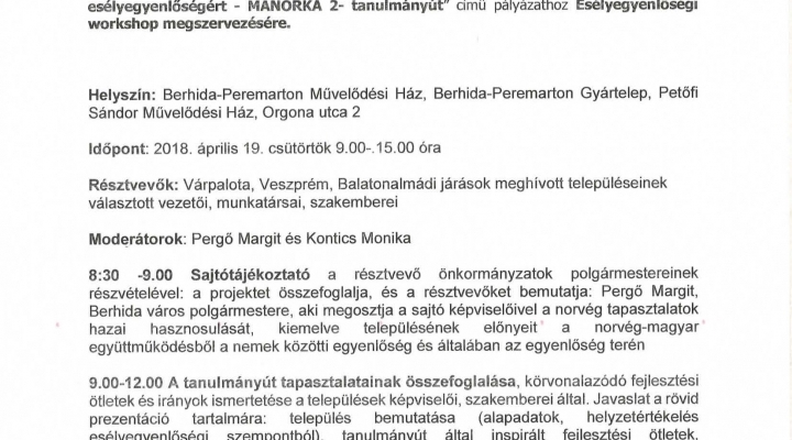 WORKSHOP -  „Települések a nemek közti nagyobb esélyegyenlőségért - a HU01-0009-PIERO-A1-2017, HU01-0011-PIERO-A1-2017 valamint a HU01-0012-PIERO-A1-2